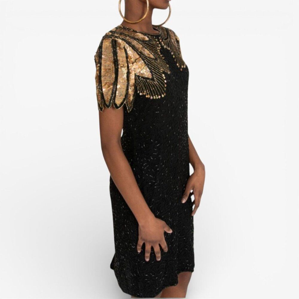 Vintage 90s D'Albert Silk Beaded Sequin Dress 10 M Cocktail Party LBD Mob Wife - Picture 3 of 14